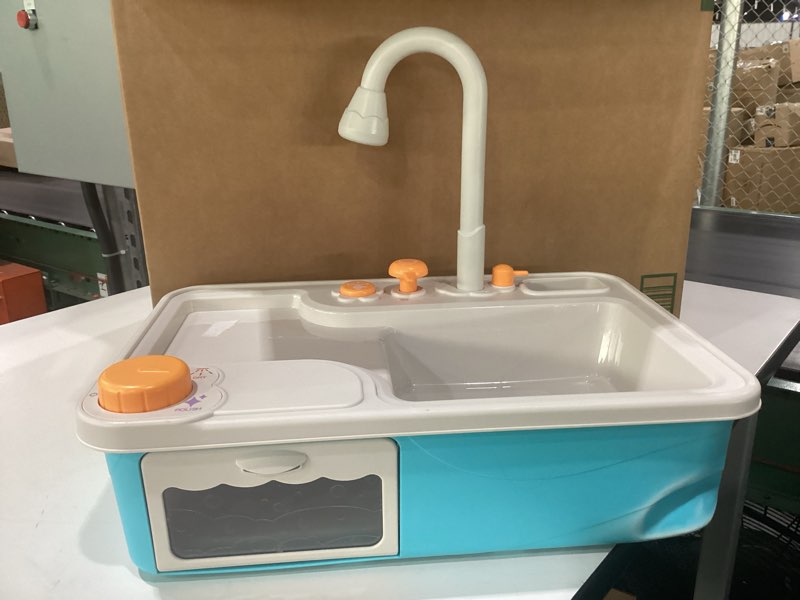 Condition photo showing As Is for SIMILAR TO BENT CORNER CUTE STONE Color Changing Kitchen Sink Toys, Children Electric Dishwasher Playing Toy with Running Water, Upgraded Faucet, Automatic Water Cycle System Play House Pretend Role Play Toys for Boys Girls play sink