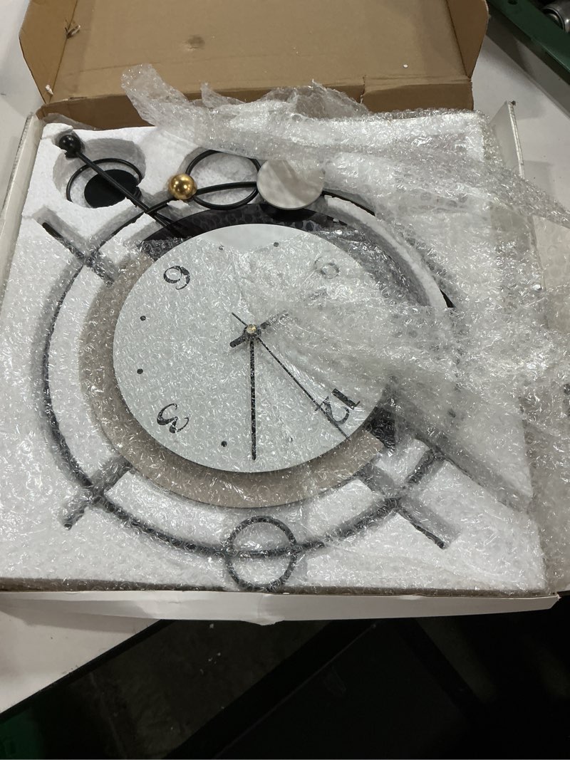 Condition photo showing Good Condition for fleble large wall clock for living room decor non ticking silent battery operated modern metal decorative pendulum clock for home bedroom kitchen office wall decor, 15.7x27.6inch 16*27 in