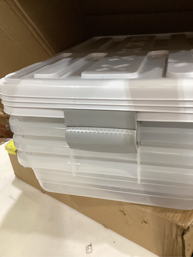 Condition photo showing Good Condition for 4 pcs plastic under bed storage containers with lid wheel handle, transparent large capacity stackable latching storage bins for closet bedroom clothes shoes blanket(23.7 x 15.8 x 5.2,white) 23.7 x 15.8 x 5.2" white