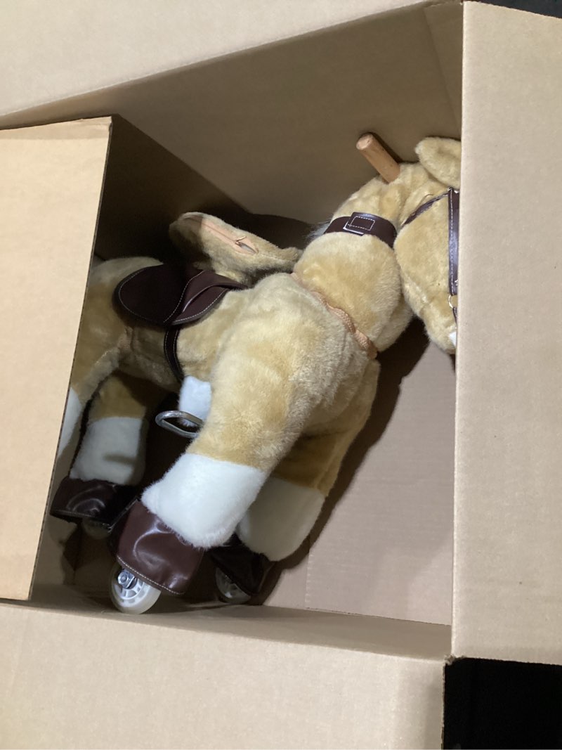 Condition photo showing As Is for qaba ride on horse, plush walking horse toy, kids riding chair with wheels for kids 3-8 years, light brown