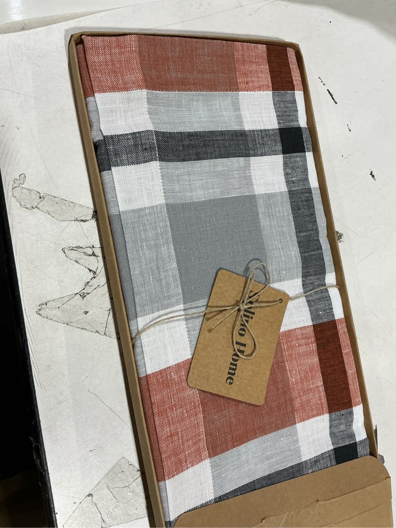 Condition photo showing New/Like New for Solino Home Pure Linen Cinnamon Plaid Table Runner 14 x 36 Inch for Coffee Tabletop, Dresser, and Bedroom – Fall Buffalo Check Fall Buffalo Check 14 x 36 Inch