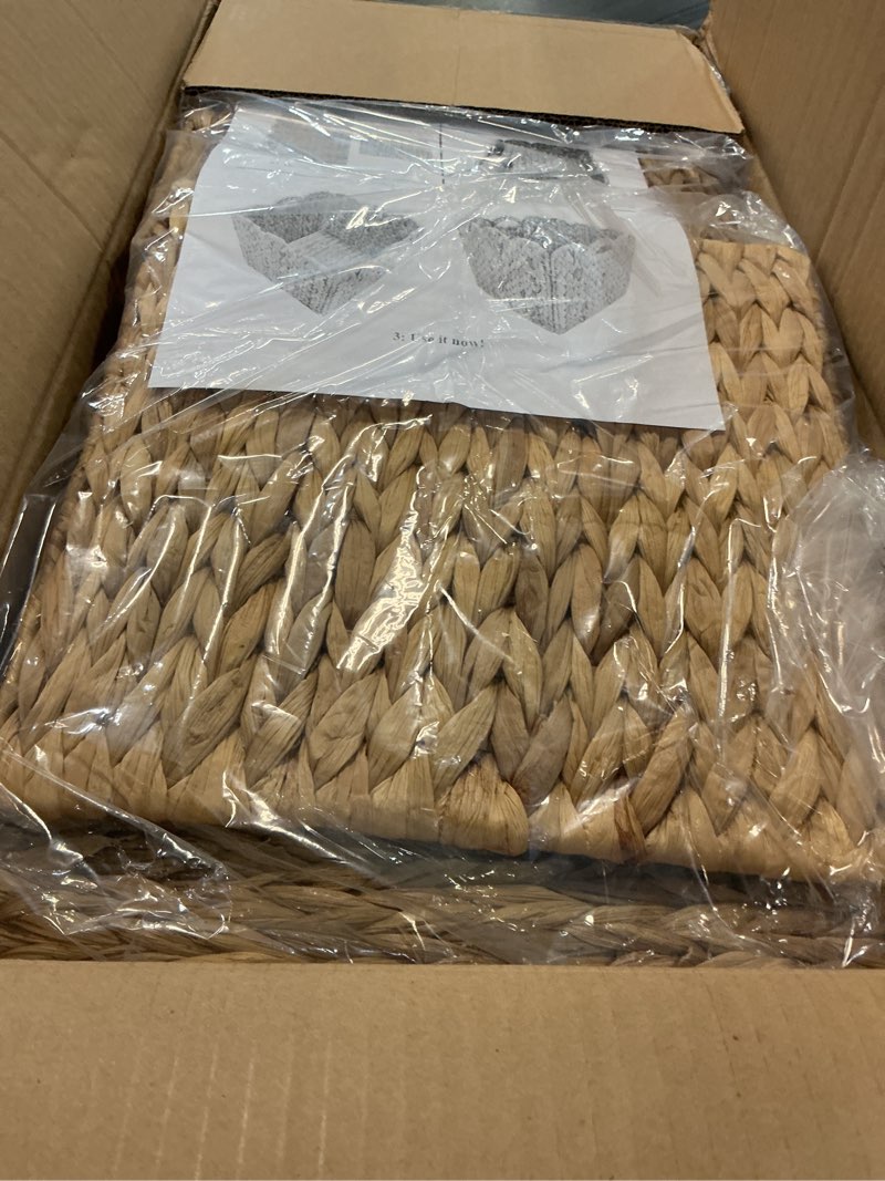 Condition photo showing New/Like New for set of 4 foldable scalloped water hyacinth storage cubes basket, storage cube bins -12"x12"x12", collapsible cube organizers, water hyacinth woven bins for bathroom, bedroom, laundry, pantry, shelves water hyacinth - 4pcs