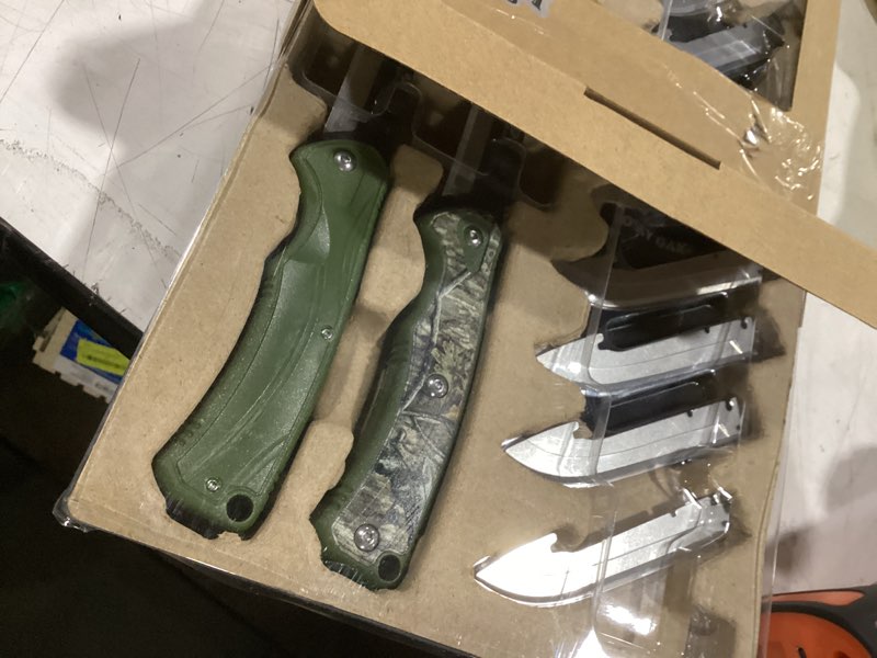 Condition photo showing As Is for (similar to stock photo )mossy oak fixed blade hunting knife set - 2 piece, full tang handle straight edge and gut hook blades game processing knife, sheath included - yellow camo
