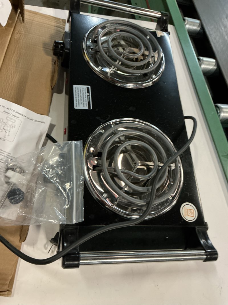 Condition photo showing As Is for Electric Countertop Double Burner, 2000W Cooktop with Coil Hot Plate & Stay Cool Handles, 5 Level Temperature Control, Easy to Clean, Indicator Lights, Cooking Stove for Office/Home/Camping Use