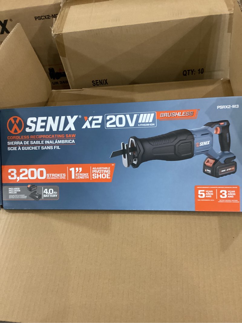 Condition photo showing New/Like New for senix 20 volt max* cordless reciprocating saw, 3200 spm, brushless motor, variable speed, & quick blade release, battery, & charger included (psrx2-m3)