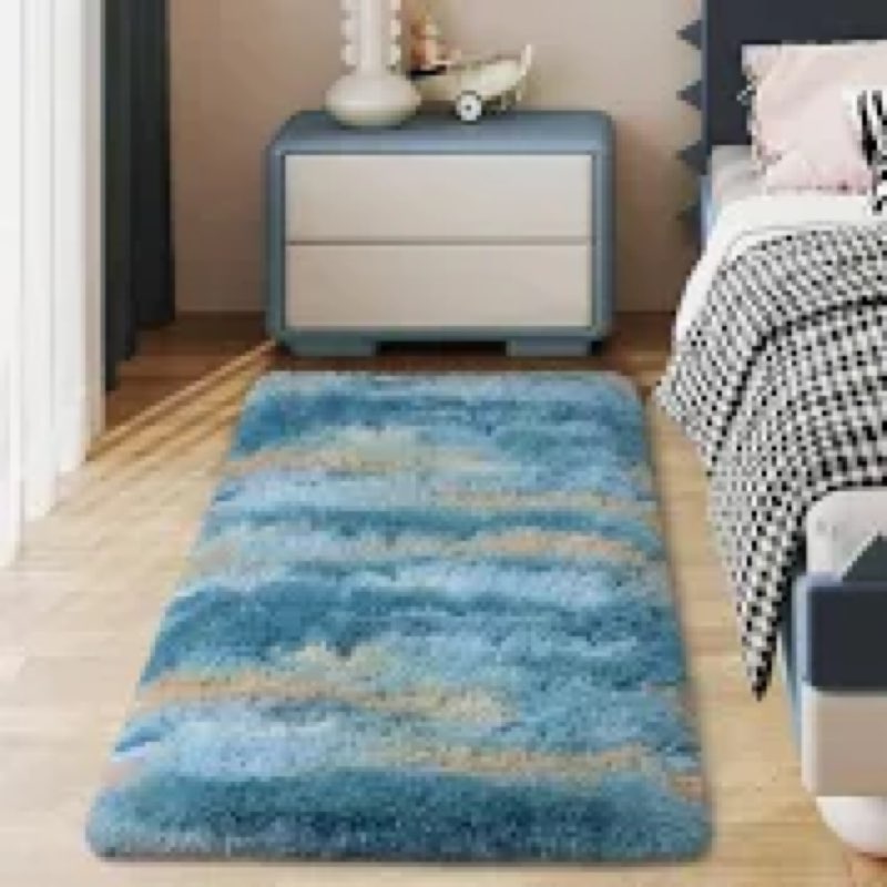 Ailyei Soft Runner Rugs for Bedroom Hallways, 2x6 Abstract Blue Fluffy Shag Throw Area Rug Non Slip 