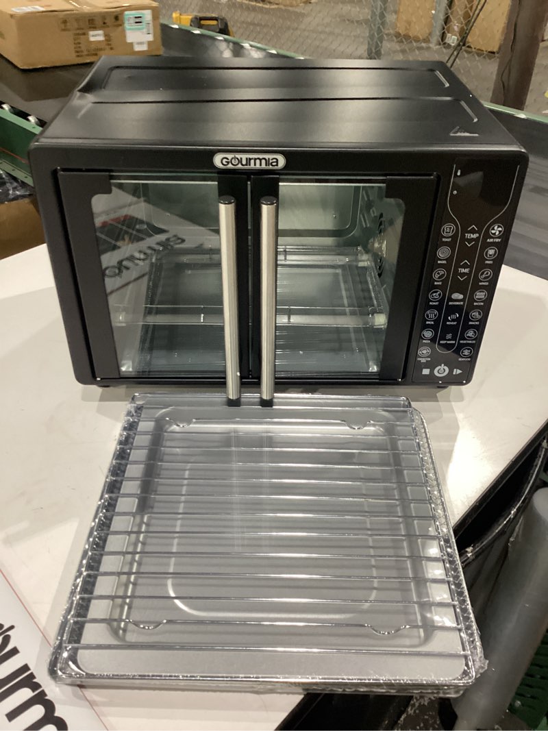 Condition photo showing New/Like New for gourmia french door air fryer – 25 qt large capacity convection oven, fryforce 360°, digital display with 17 cooking presets, bake, toast, roast, dehydrate, fits 12” pizza black