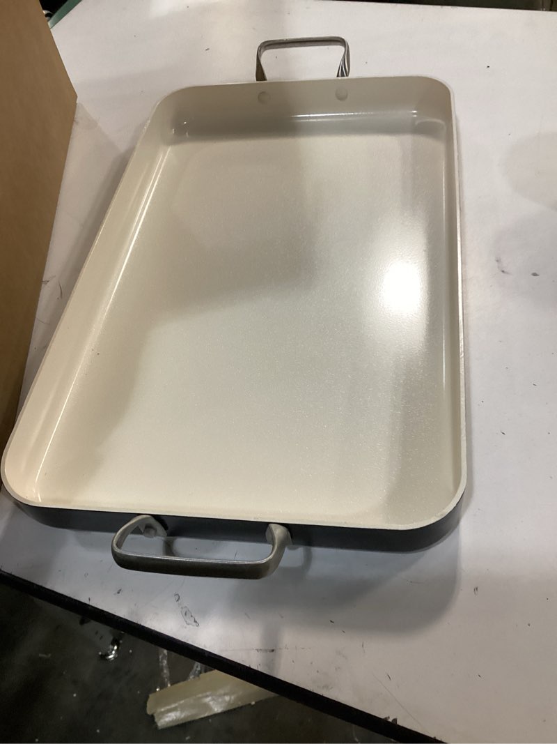 Condition photo showing Good Condition for GreenPan 18" x 11" Double Burner Griddle Pan, Hard Anodized Healthy Ceramic Nonstick PFAS-Free, Stainless Steel Handles, Stovetop Cooking, Dishwasher Safe, Oven & Broiler Safe Cookware, Black 18" x 11" x 2" Black