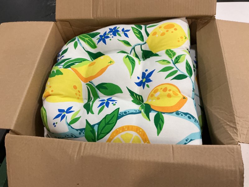 Condition photo showing Good Condition for pillow perfect outdoor/indoor lemon tree yellow chair pads, 15.5" x 16", pack of 2