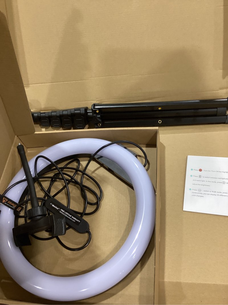 Condition photo showing Good Condition for Weilisi 10" Ring Light with Stand 72'' Tall & Phone Holder,38 Color Modes Selfie Light with Tripod Stand,Stepless Dimmable/Speed LED Ring Light for iPhone & Android,YouTube, Makeup,TIK Tok RGB colors