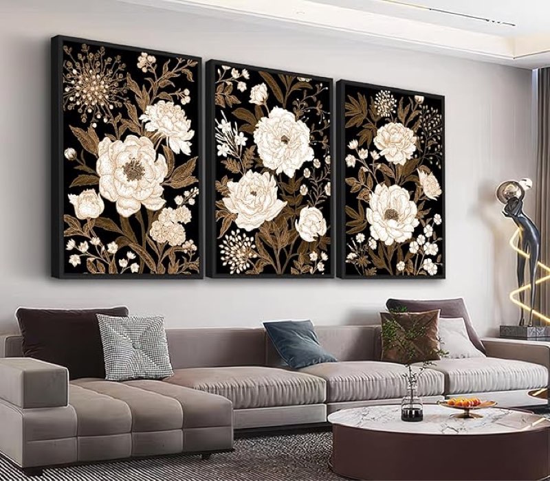 large framed flower wall art - white blossom brown leaves wall decor 20"x28" set of 3 bloomy floral 