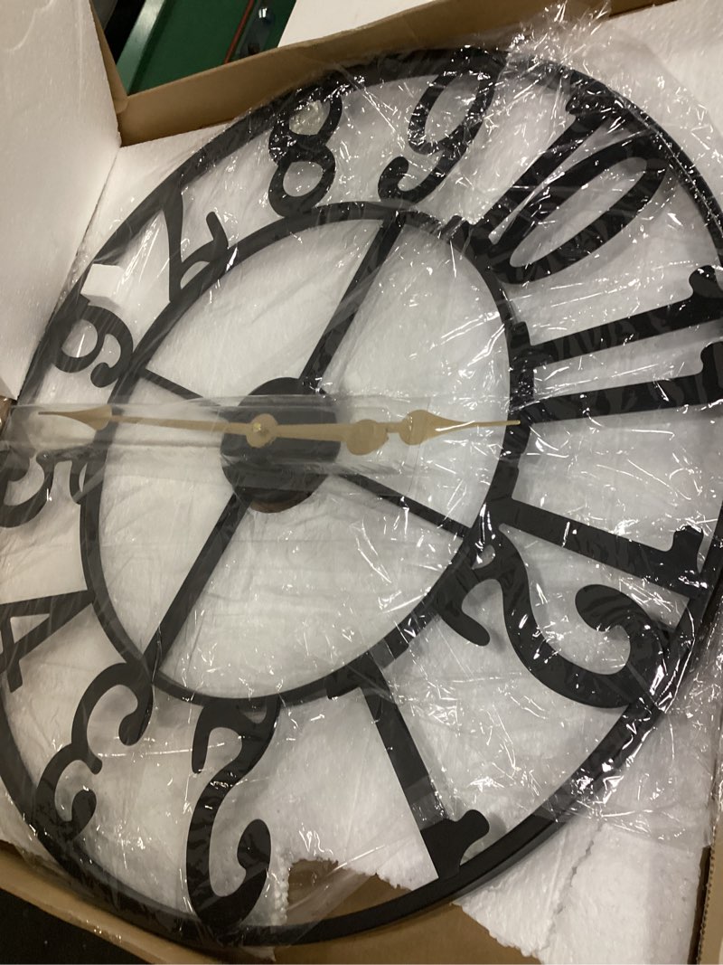 Condition photo showing Good Condition for leike large wall clocks for living room,silent,non ticking,battery operated oversized vintage round modern metal wall clock for bedroom,farmhouse,office home decor-24 inch(black-arabic number) 24 in black metal-arabic number