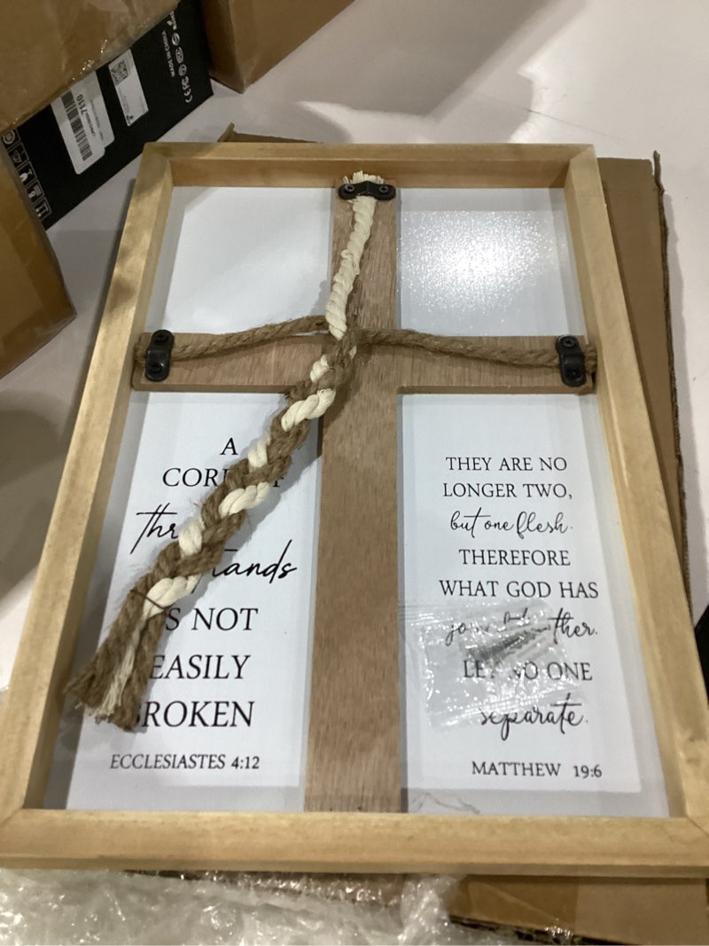 Condition photo showing New/Like New for a cord of three strands wedding sign 15"x10" three strands braid wall decor anniversary religious gifts for couple cross to braid or tie god's knot, symbolic of unity (wood) 15"l x 10"w cross sign-wood