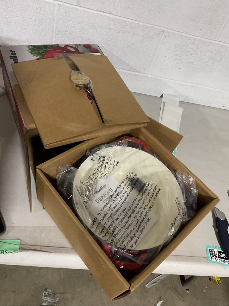 Condition photo showing Good Condition for mueller home 7.5 qt enameled cast iron dutch oven, heavy-duty casserole dish and braiser pan with lid and stainless knob, oven-safe up to 500° f & across all cooktops, red