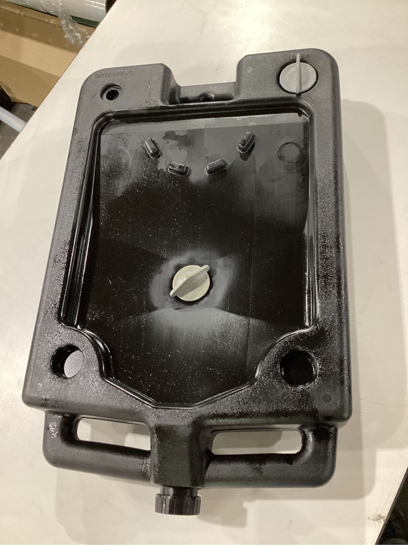 Condition photo showing As Is for chapin 78005 oil drain pan, 12?quart low?profile automotive drain container, recycled polymer construction, large splash?free target area & built?in carry handles for easy oil & coolant changes