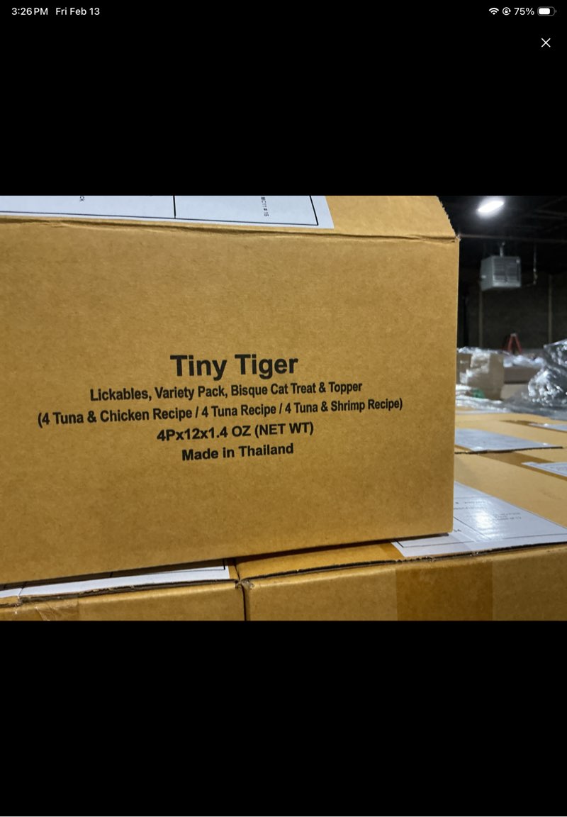 Condition photo showing New/Like New for Bundle: Tiny Tiger Chunks in EXTRA Gravy Seafood Variety Pack Canned Food + Lickables Variety Pack Bisque Cat Treat & Topper(BIDDING ON 4 packages) 