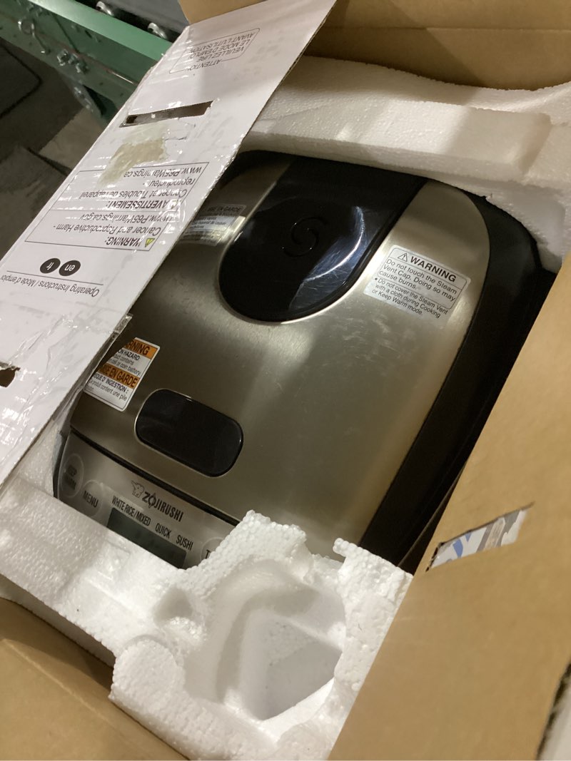 Condition photo showing As Is for Zojirushi Micom 3-Cup Compact Size, Multiple Settings, Stainless Steel Made, Built-In Retractable Power Cord and Easy to Transport Rice Cooker and Warmer Stainless Black 3-Cups (uncooked), Rice Cooker & Warmer