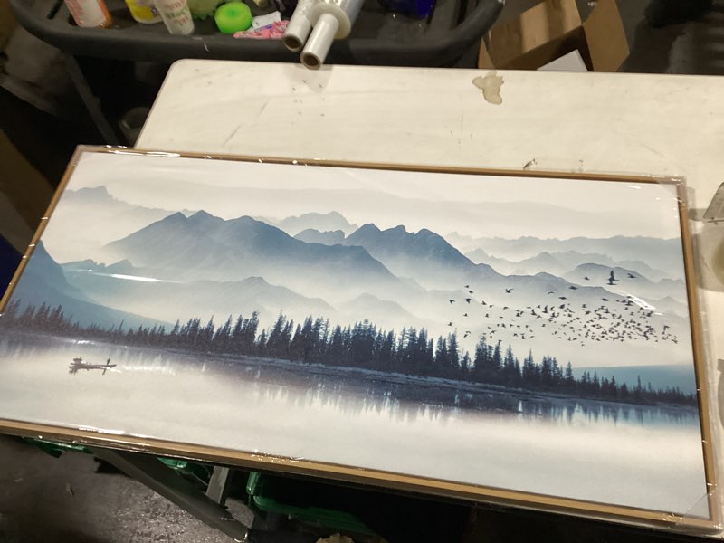 Condition photo showing New/Like New for Indigo Framed Canvas Wall Art Misty Mountain Wall Pictures Foggy Lake Boat Canvas Painting Prints Forest Birds Canvas Wall Decor for Living Room Bedroom Decorations Natural Extra Frame Ready to Hang 20" x 40"