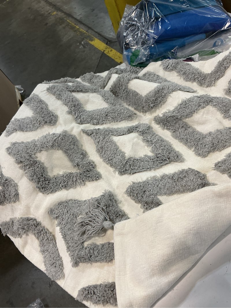 Condition photo showing As Is for vcny home gray tufted cotton square decorative pillow | 20" x 20"