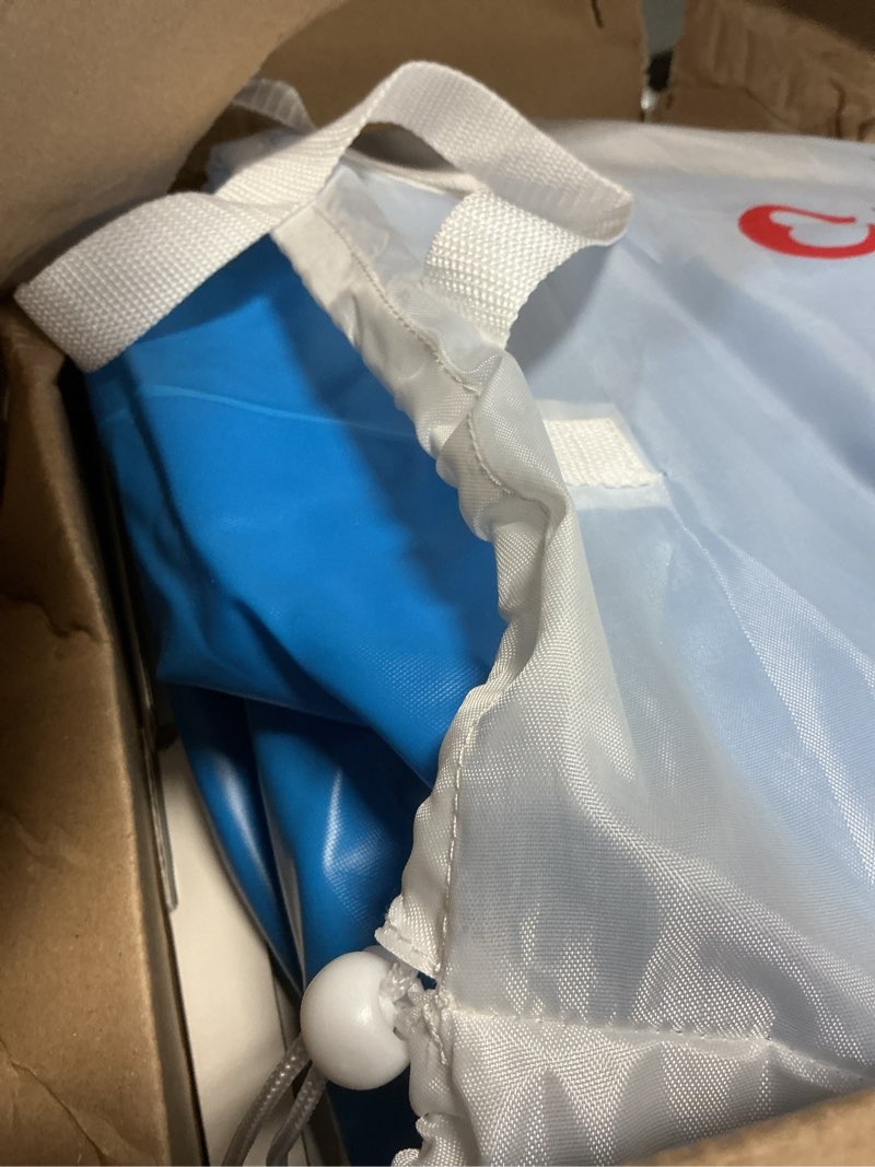 Condition photo showing As Is for qpau blow up inflatable toddler travel bed with sides, toddler air mattress for camping, traveling, hotel, or home use, hand pump included (blue)