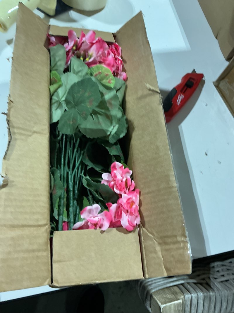 Condition photo showing Good Condition for artificial geranium fake flowers for outdoors decoration, 6 bundles silk geraniums flower uv resistant look real faux plants for front door garden porch planter patio balcony yard indoor home, mix 3 pink, 3 hot pink