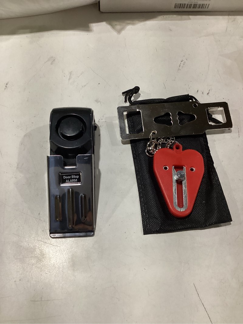 Condition photo showing Good Condition for portable door lock & door stop alarm set, dual protection home security door kit, travel hotel lock devices pocket self defensey tools for traveling hotel home apartment,red