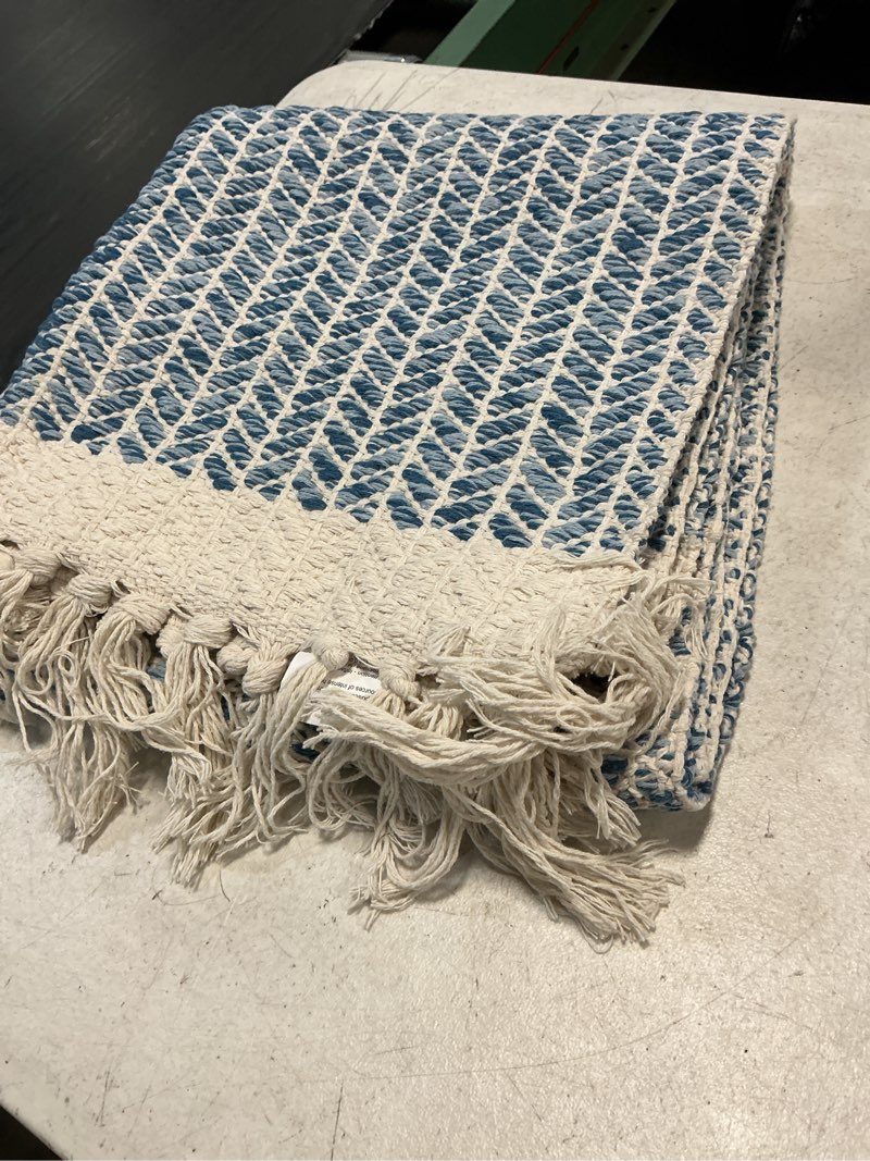 Condition photo showing Good Condition for lahome belle boho laundry room rug runner, 2x4.3 bathroom runner rug lightweight kitchen rugs woven cotton throw mat with tassels, farmhouse washable blue rugs low pile for bedroom door mat 2' x 4'3" (runner) blue/multi