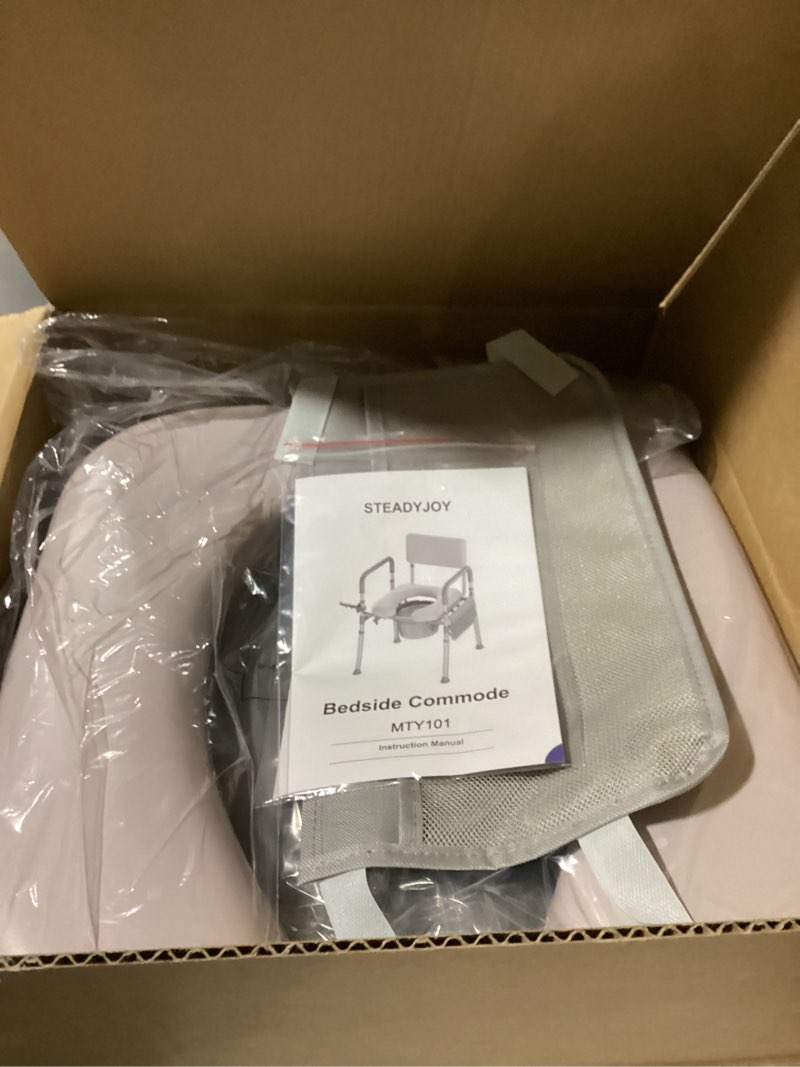 Condition photo showing New/Like New for (similar to the )bedside commode with padded seat & backrest, aluminum toilet with 6.5 qt bucket, easy-clean, 350 lb capacity enhanced crossbar, portable toilet for seniors with paper holder & newspaper bag