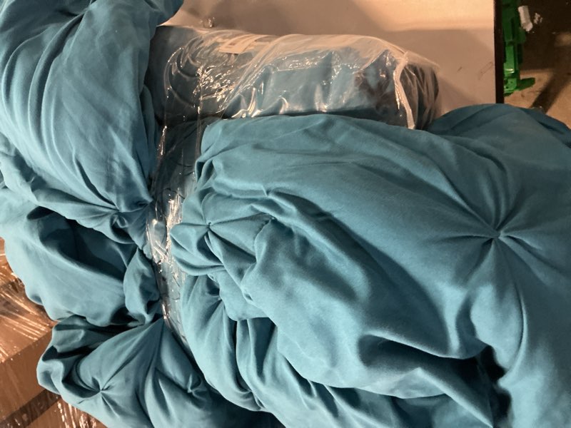 Condition photo showing As Is for cozylux queen comforter set teal, 7 pieces pintuck bed in a bag, premium teal comforter queen size, pinch pleat bedding sets with comforter, sheets, pillowcases & shams teal queen