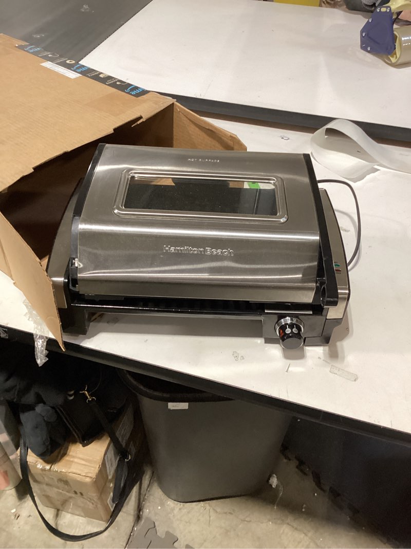 Condition photo showing As Is for Hamilton Beach Electric Indoor Searing Grill with Viewing Window & Adjustable Temperature Control to 450F, 118 sq. in. Surface Serves 6, PFAS-Free Removable Nonstick Grate, Stainless Steel Stainless Steel Viewing Window