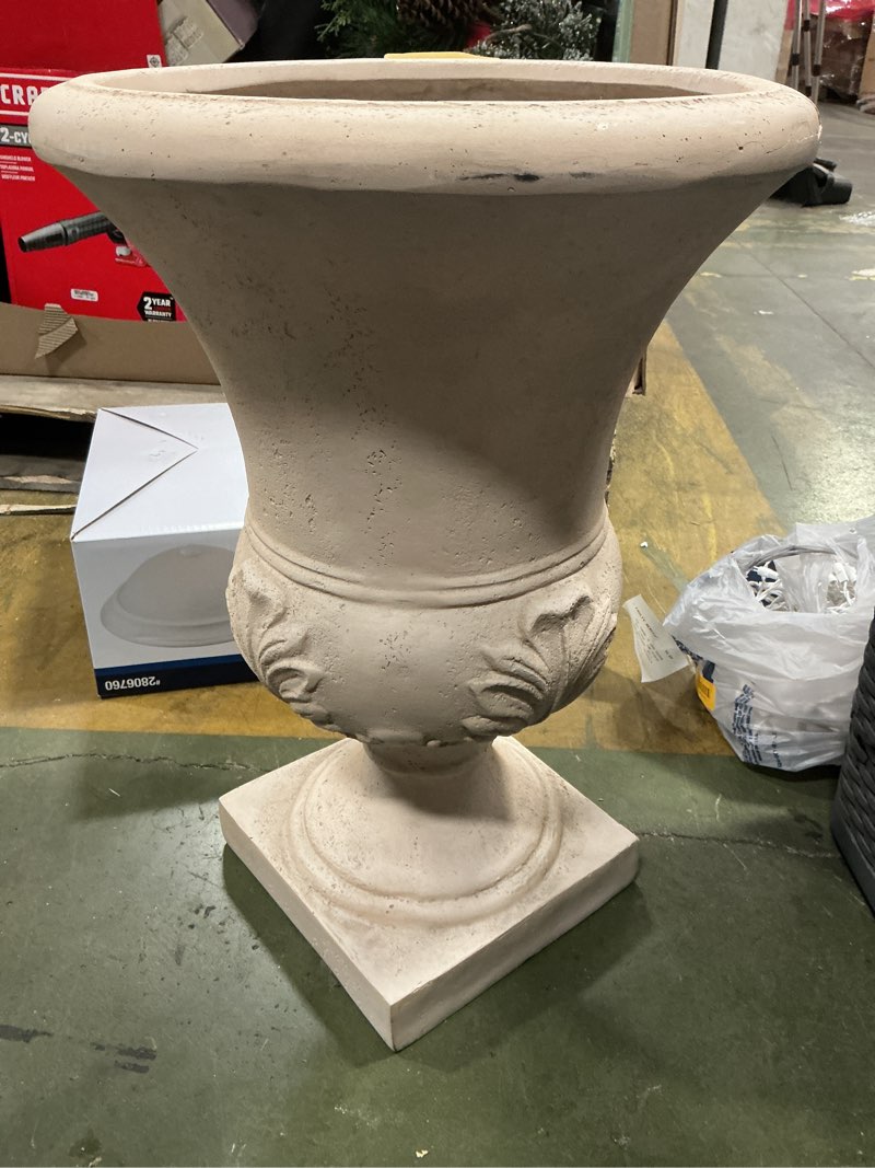 Condition photo showing As Is for allen + roth Urn 12.5-in W Large White Fiberglass Outdoor Planter