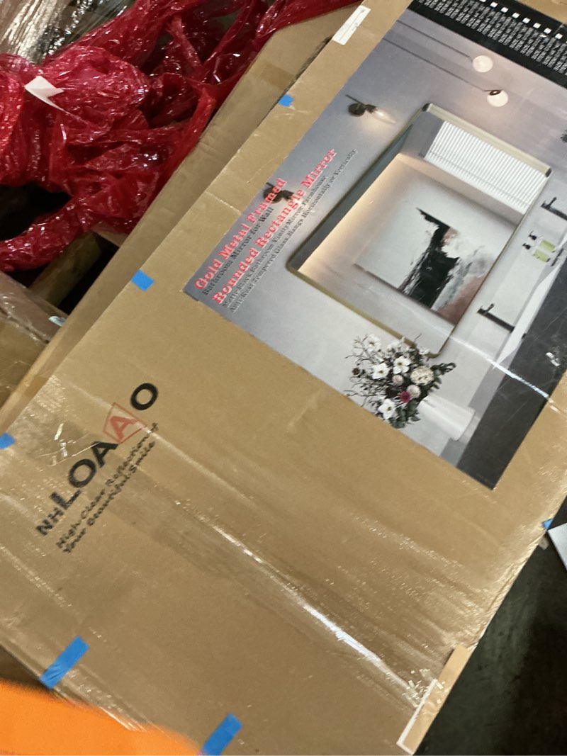 Condition photo showing Good Condition for loaao 60”x28” gold bathroom mirror, rounded rectangle gold frame mirror, brushed gold bathroom vanity mirror wall-mounted, anti-rust, tempered glass, hangs horizontally or vertically gold 60"l x 28"w
