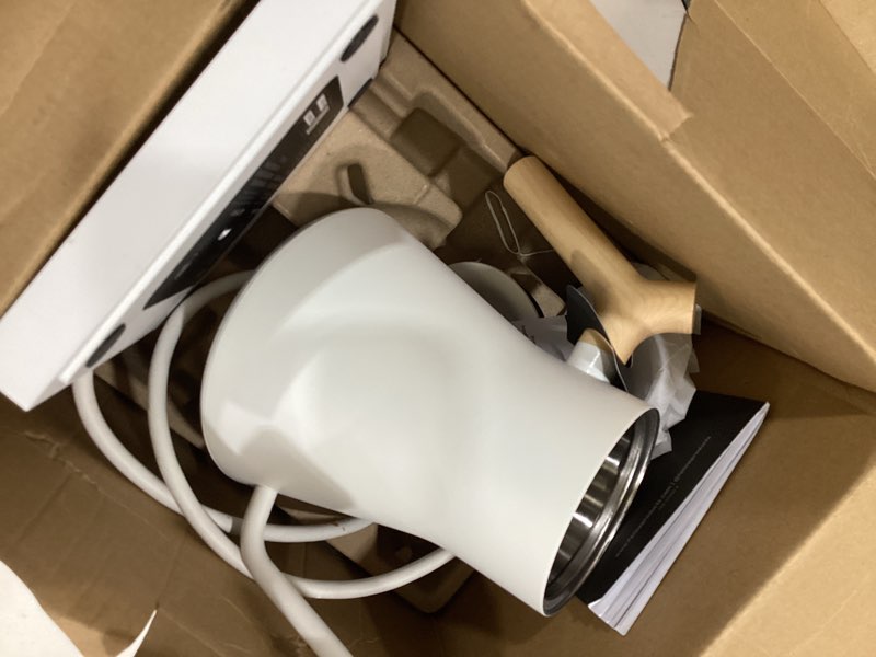 Condition photo showing As Is for fellow stagg ekg pro electric gooseneck kettle - pour-over coffee and tea, quick heating, precise temperature control, scheduling, built-in brew timer, matte white with maple wood handle, 0.9 liter