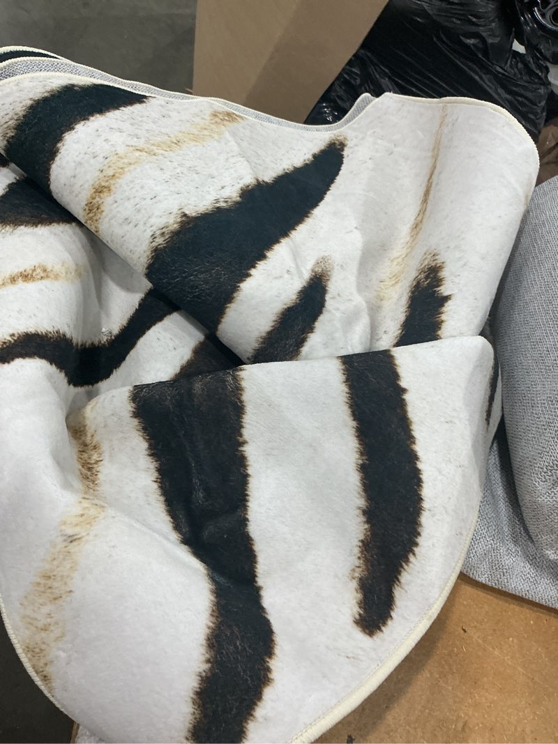 Condition photo showing As Is for unknown size, machine washable animal print hide area rug, large non-slip faux fur zebra skin rugs carpet for office living room dinner room home decor