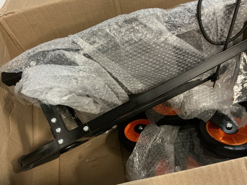 Condition photo showing As Is for folding stair climbing dolly, 220lbs capacity, portable dolly cart with 10 wheels and telescoping handle, lightweight hand truck cart for flat ground & stairs, school, dormitory, home, office, food orange-10wheel