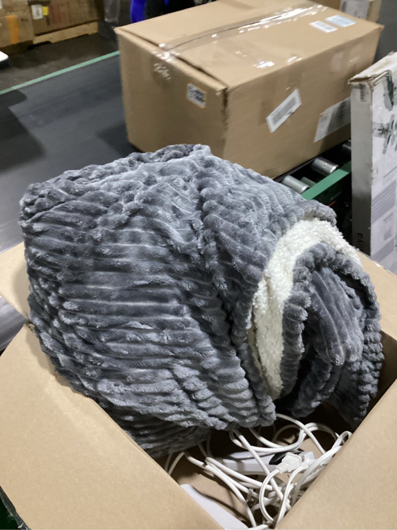 Condition photo showing As Is for **as is** electric blanket throw size 50x60 inches, extra thick 350gsm luxury faux fur plus 200gsm sherpa with 3d strip design, fast heating with etl certified, machine washable, gray 11-gray throw-50x60