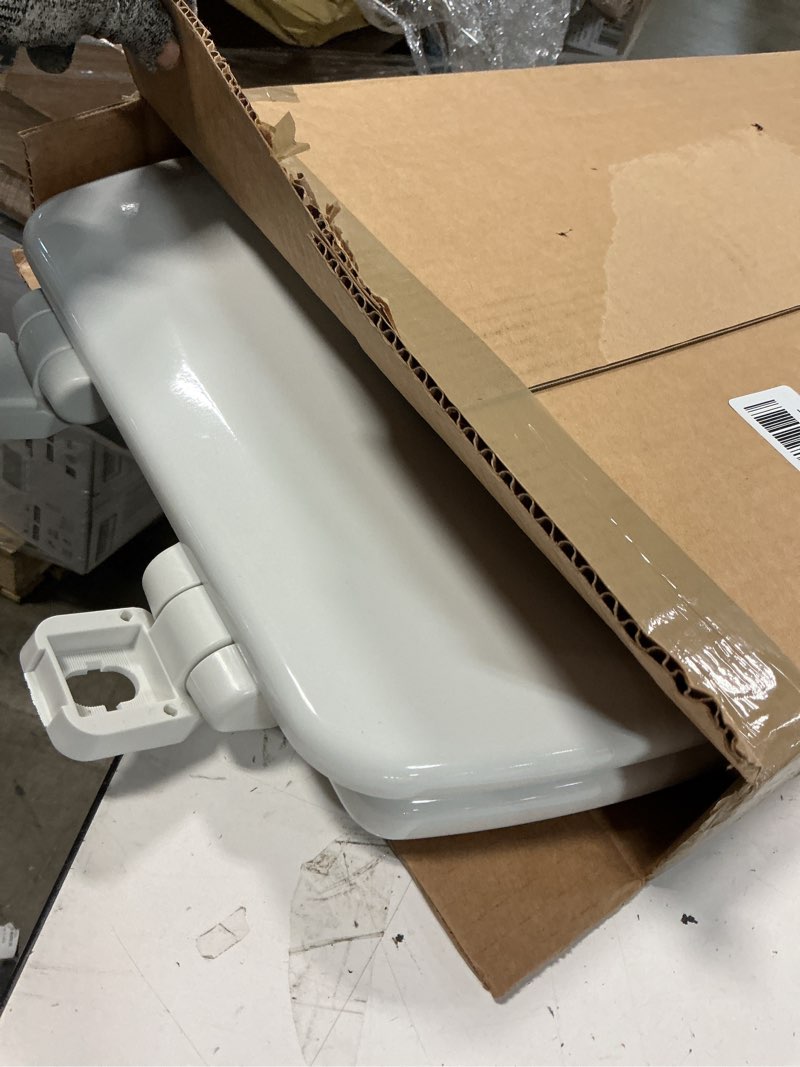 Condition photo showing As Is for mayfair linden slow close toilet seat, non slip heavy duty wood, easy install, elongated, white elongated traditional hinge
