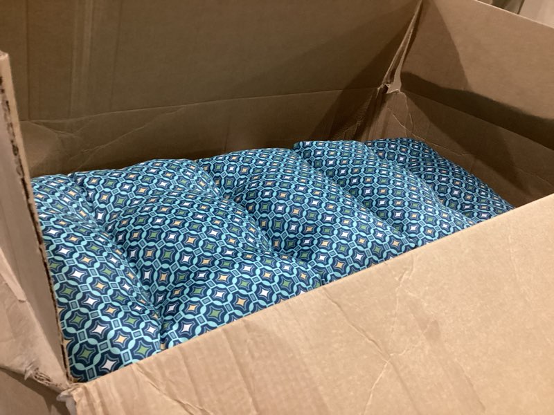 Condition photo showing Good Condition for arden outdoor dining chair cushion, 20 in x 20 in, weather-proof, rain-proof, fade resistant patio cushion for patio, dining, or rocking chairs 20 x 20, alana tile 20"l x 20"w alana tile 1