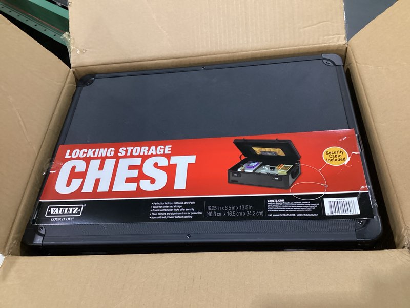 Condition photo showing As Is for Vaultz Storage Lock Box - 6.5 x 19.25 x 13.5 Inch Lockable Dorm Storage Trunk with Combination Lock - Briefcase, Medicine Box, Lock Boxes for Personal Items, Cash, Laptop - Black on Black