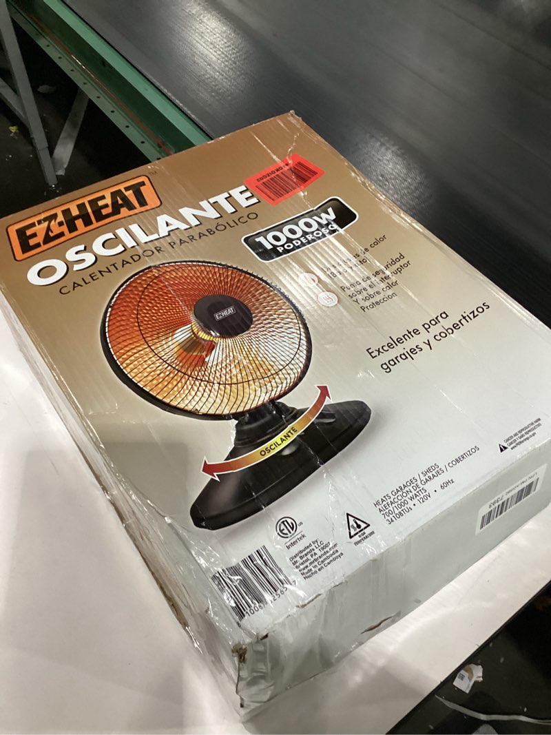 Condition photo showing As Is for EZ-HEAT 1,000-Watt Indoor Parabolic Dish Space Heater with 70-degree Wide Oscillation and Dual Heat Settings, Adjustable Tilt, Tip Over Switch & Overheat Protection Sensor, MT-BFGD-8C