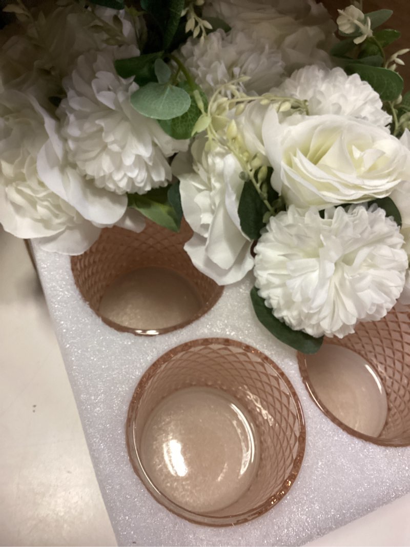 Condition photo showing New/Like New for nuptio small fake flower in vase: 6 pcs silk artificial flowers with champagne pink glass vase for l