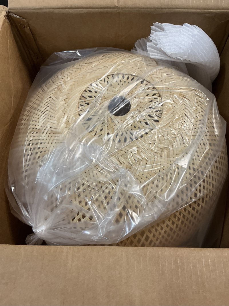 Condition photo showing Good Condition for Arturesthome 1 Light Natural Bamboo Pendant Lamp, Round Hanging Ceiling Light Wicker Chandelier, Hand-Woven Boho Basket Lampshade for Kitchen Island Living Room W 19.68in * H 16.5in