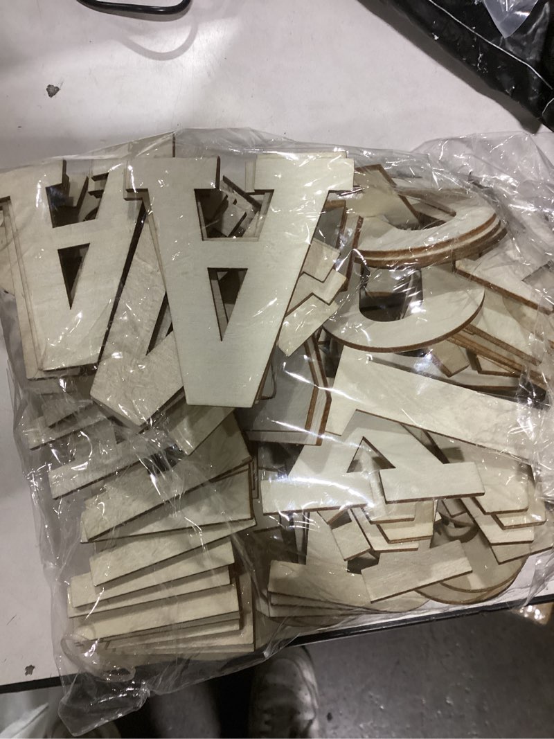 Condition photo showing New/Like New for 8 Inch 84 Pieces Wooden Unfinished Letters Wood Surface Alphabet Thin Wooden Letters for Crafts Wall Decor
