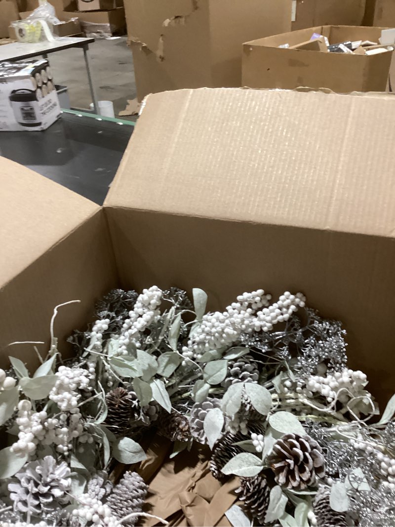 birch wreath with white berries, iced pine cones, holly leaf, branch - 26" winter christmas wreath f