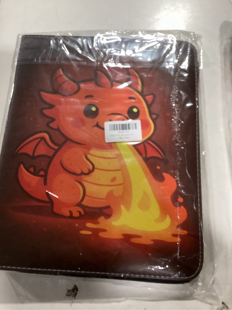 Condition photo showing New/Like New for Trading Card Binder 9 Pocket with Zipper, Dragon Design PU Leather Album, Holds 900 Cards, Compatible with Pokemon TCG, MTG & Sports Cards Cute Fire Dragon
