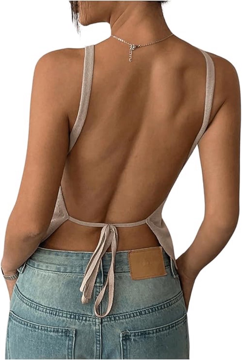 MakeMeChic Women's Tie Open Back Top Knit Backless Spaghetti Strap Going Out Tops Apricot X-Small