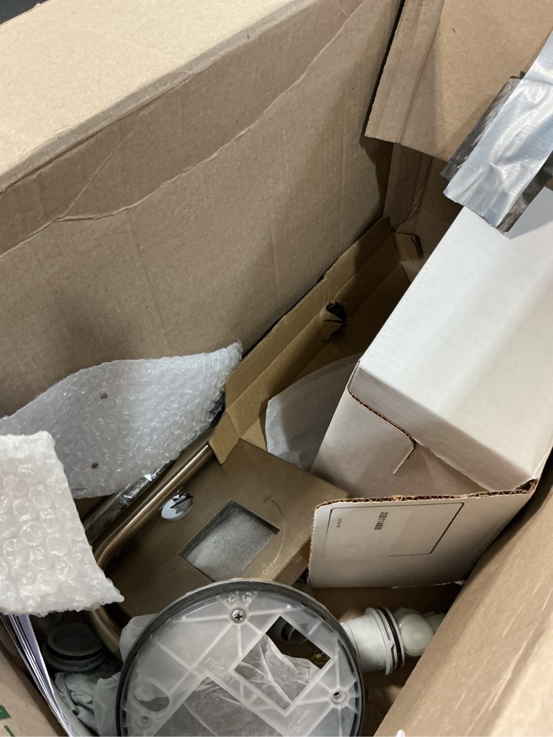 Condition photo showing As Is for delta modern 14 series square rain shower system faucet set, rainfall brushed gold shower head and handle set, valve trim kit, 10 inch, champagne bronze 342701-cz champagne bronze with rough