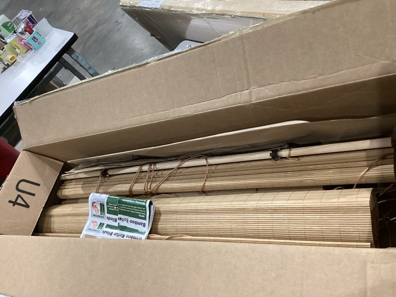 Condition photo showing As Is for not exact similar tobamboo blinds for interior windows, custom bamboo shades for indoor windows, light filtering, easy to install, bambo roll up blinds for outdoor patio, decks, porch, backyards a 23\"w x 48\"h