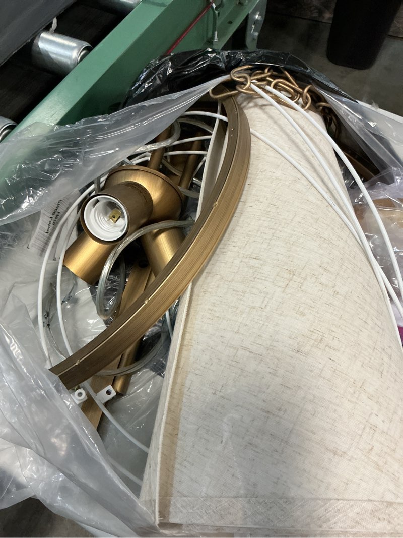 Condition photo showing Good Condition for 24" boho chandelier, tapered fabric drum and antique gold accents paint finish shade pendant lighting for nursery room dining room living room kitchen