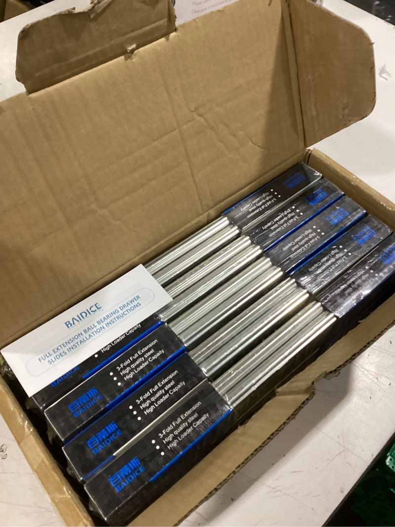 Condition photo showing Good Condition for 10 pair full extension ball bearing drawer slides 8 10 12 14 16 18 20 22 24 inch 100 lb load capacity side mount file cabinet rails dresser metal runner trash can kitchen (12 inch, silver) silver 12 inch 10